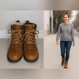 CAT Women’s Leather Sherpa-Lined Ankle Boots – Size 10 Brown